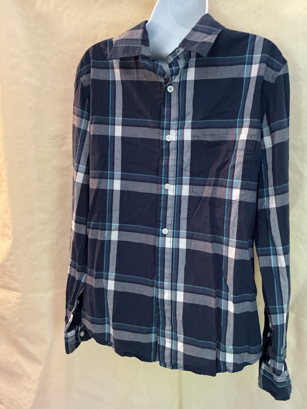 Aeropostale Navy Plaid Button-Down Shirt with White and Light Blue Stripes